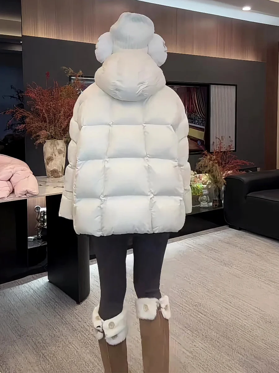 한국 슬레 클라우드 퍼프 화이트 듀 다운 자켓 여성용 겨울 코트 롱 루즈핏 후드 따뜻한 개성있는 아우터웨어