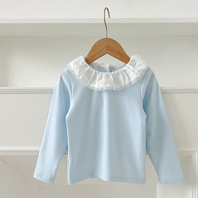 Toddler Cotton Tops 1-6Yrs Baby Clothes Autumn Infant Girls Long Sleeve T-shirts Lace Lotus Collar Princess Kids Bottoming Shirt