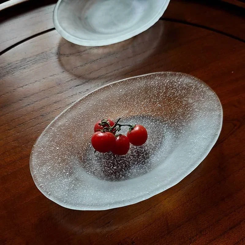 Japanese Bubble Glass Oval Dessert Plate For Snacks Fruit Salad Elegant Cloud Mist Texture Home Table Centerpiece Gift For Women