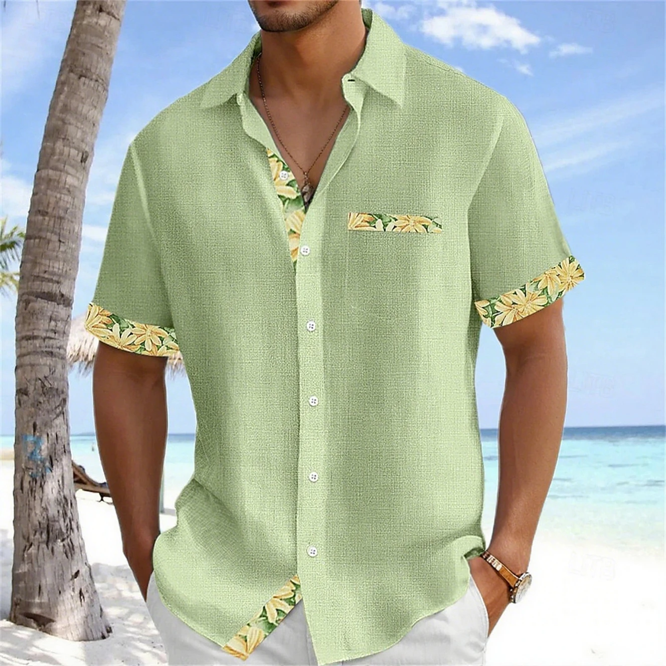 

Men's Light Color Simple Business Casual 3D Printed Lapel Button Short-sleeved Shirt Thin Hawaiian Outdoor Vacation Casual Top