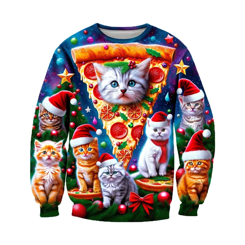 New In 3d Printed Ugly Christmas Sweater Men Cute UFO Pizza Cat Graphic Xmas Sweatshirt Kids Family New Year Crew Neck Hoodies