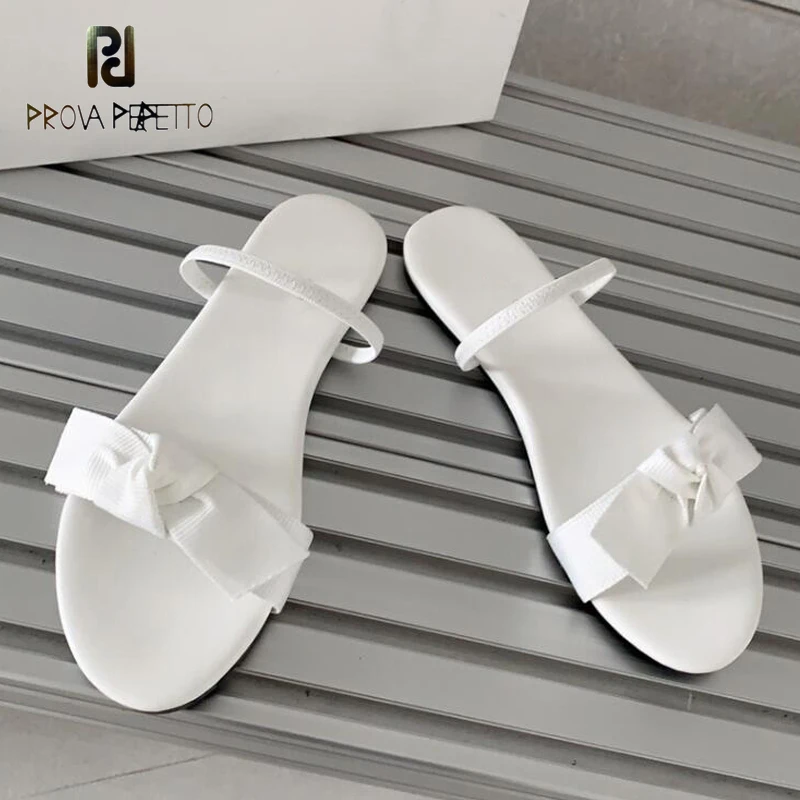 

Flat Slipper Shoes for Girlst Cute Bowtie Knot Straps Slip on Mules Black White Genuine Leather Comfortable Daily Walking Sapato