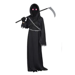 Kids Dark Ghost Glow Eyes Grim Reaper Costume,Scary Phantom Scythe Chain Props Halloween Black Party Mask Costume
