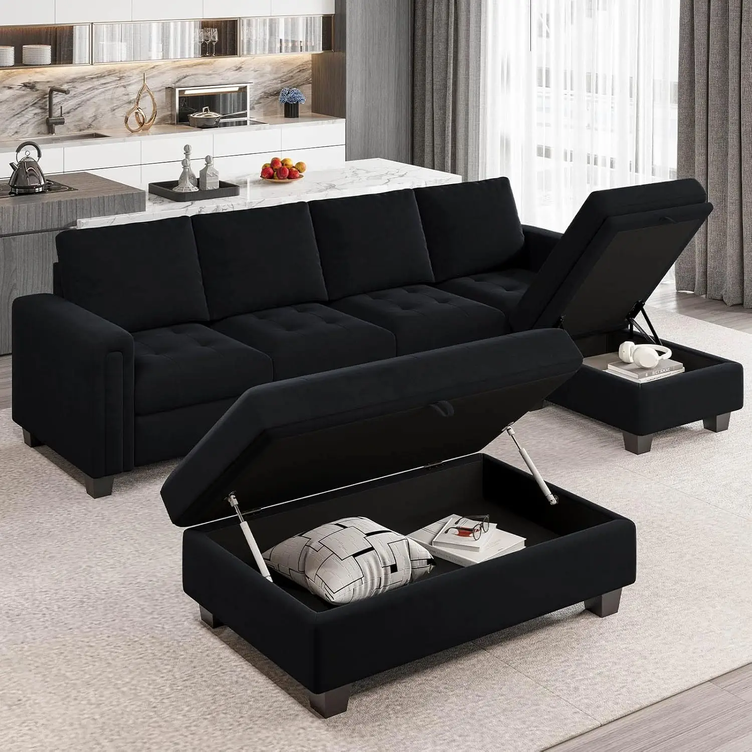 Belffin Velvet Convertible 4-Seat Sectional Sofa with Reversible Chaise L Shaped Sofa Couch Furniture Sets Sectional Couch