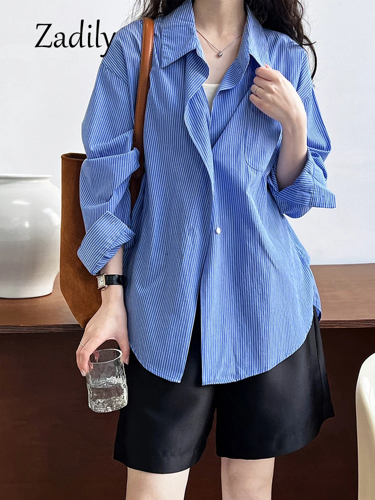 

50% Cotton 2024 Spring Casual Long Sleeve Women Shirt Minimalist Loose Blouses Button Up Striped Ladies Tunic Clothing Tops