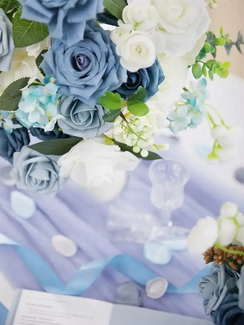White blue rose artificial flower combination box set, bride bouquet, outdoor/indoor DIY center item, used for decoration