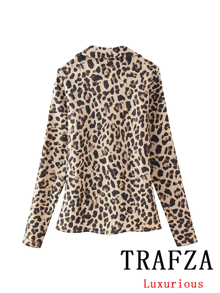 TRAFZA Vintage Casual Women Blouse Print Leopard Long Sleeve V Neck Lace-up Blouse Fashion 2024 Spring Summer Streetwear Shirts