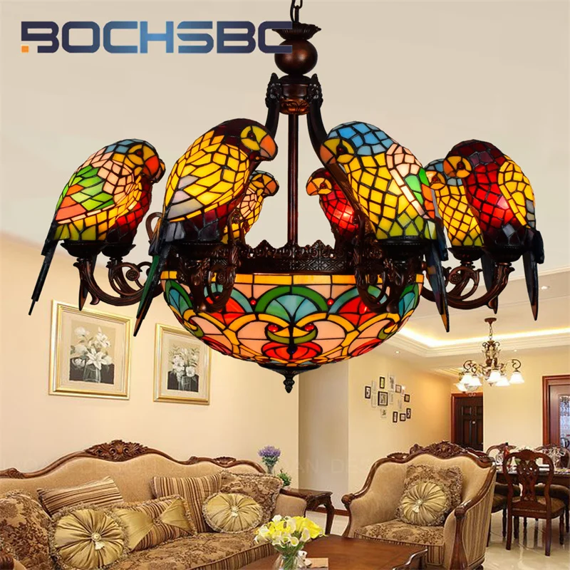 BOCHSBC Tiffany style stained glass light luxury Bird Parrot multi-head chandelier Hotel Villa living room dining corridor decor