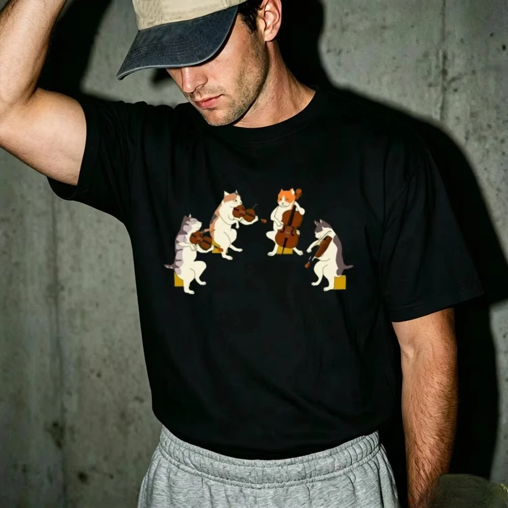 Cats Playing Violin Cello Orchestra Graphic T Shirt Unisex Funny Music Cat Lover Tee Soft Cotton Casual Short Sleeve Tops