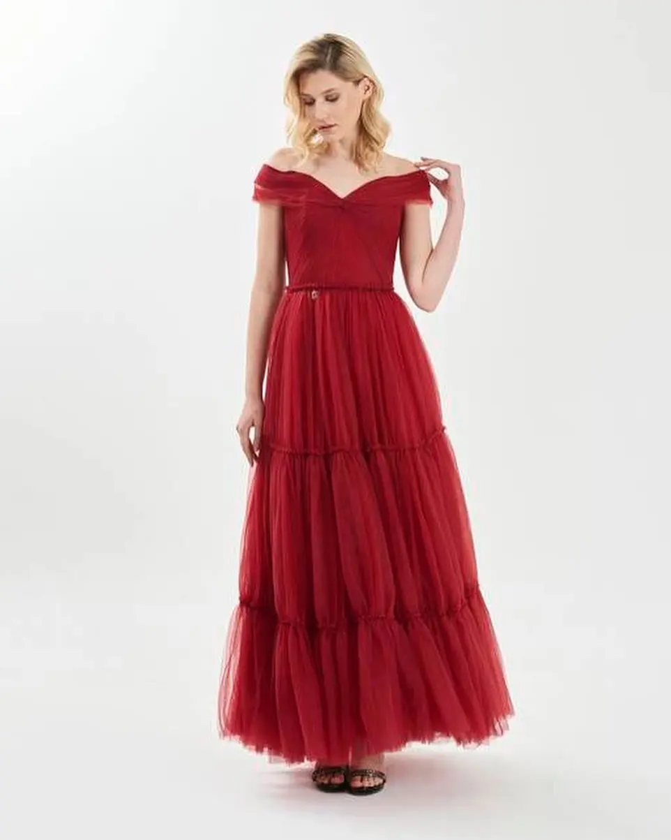 

Customized Classic Off the Shoulder Ankle Length Pleats Party Gowns Graceful A-Line Organza Burgundy Evening Dresses فساتين سهرة