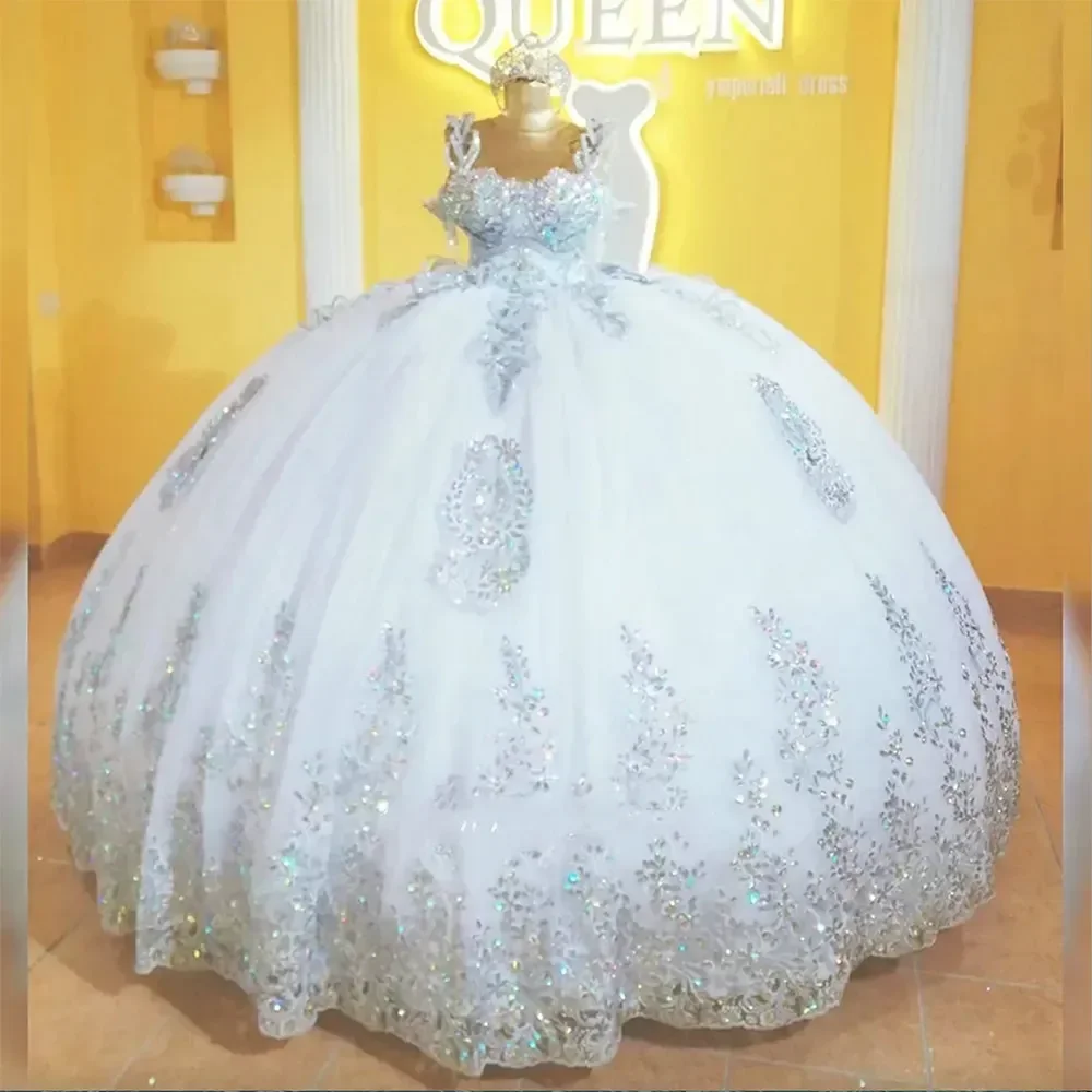 Винтажное бальное платье на бретелях-спагетти, милое платье для Quinceanera с блестками, аппликациями и кристаллами на шнуровке, платья для 15-16 лет, 2024