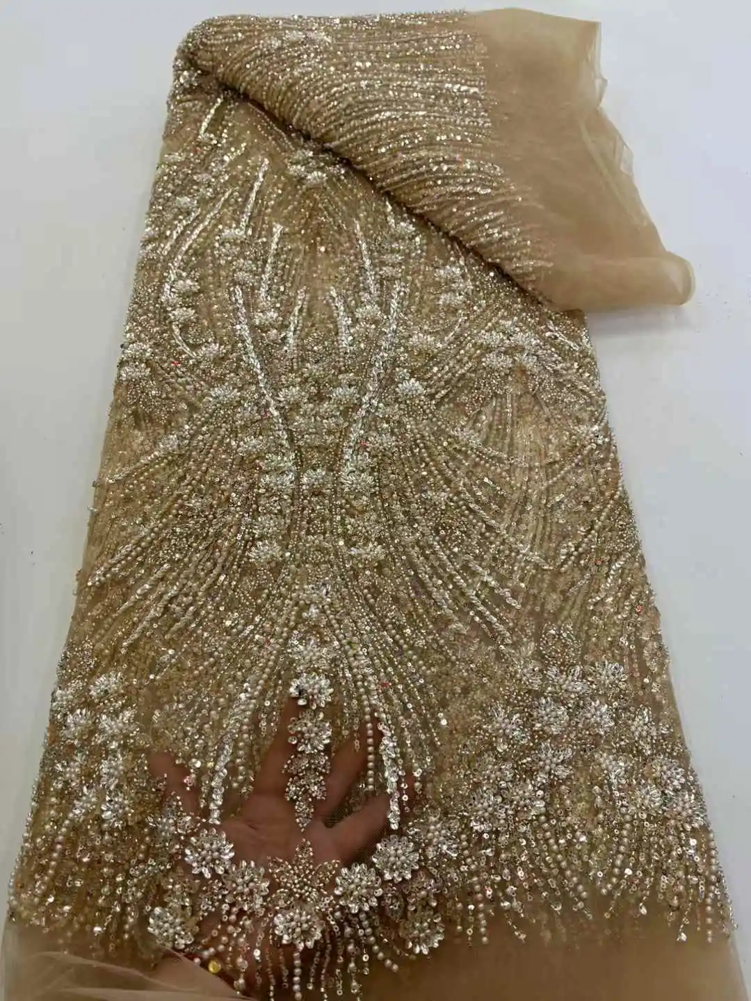 African Beaded Lace Tulle Fabric Heavy Handmade Swiss Sequin Fabric Nigerian Wedding Prom Dress Sew High Quality -XC