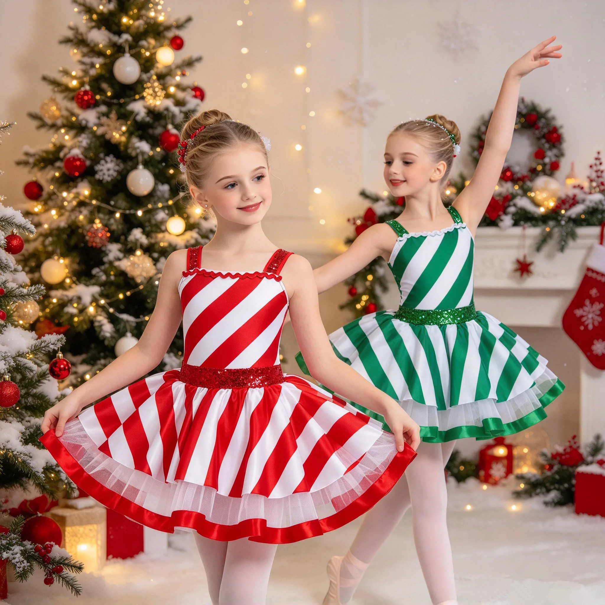 Kids Girls Christmas Ballet Dance Dress Candy Cane Striped Figure Skating Gymnastics Leotard Tutu Carnival Circus Party Costume