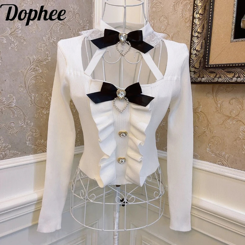 Dophee Original Lolita Princess Love Bow Women Knitted Sweater Diamonds Ruffles Elegant V-neck Hanging Neck Top Slim Pullovers