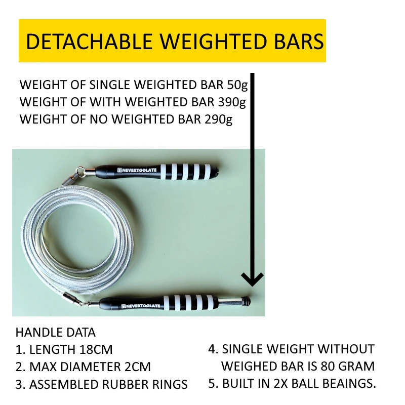 Double ball bearing smooth 290-390 gram heavy 6mm jump skip rope weighted bars TPU coat steel cord fitness robust anti cold