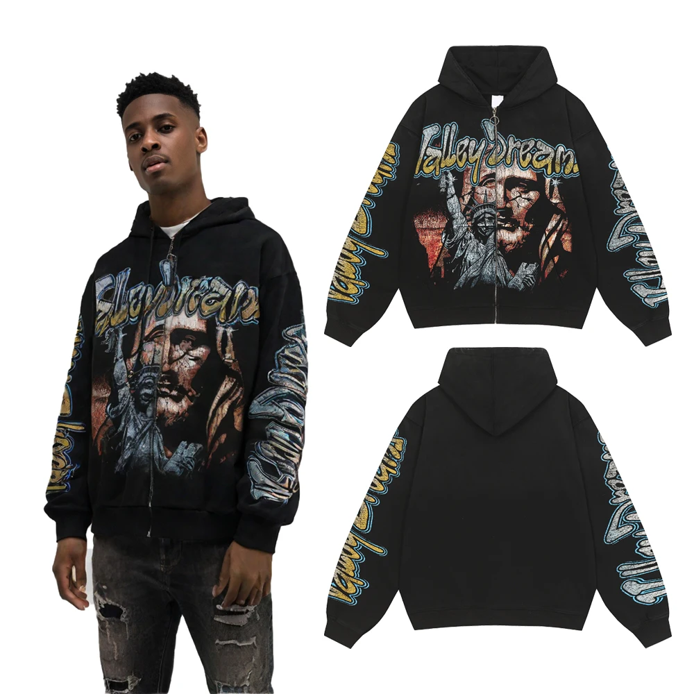 

Winter Clothing Men's Zip Up Graffiti Graphic Hoodies Streetwear Hip Hop Street Style Cotton Casual Distressed Hooded Sweatshirt