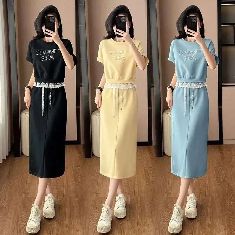 

Women's Skirt Suit 2025 Summer New Fashion Korean Styel Solid Color Casual Short-sleeved Top Skirt Two Piece Set Festival Outfit