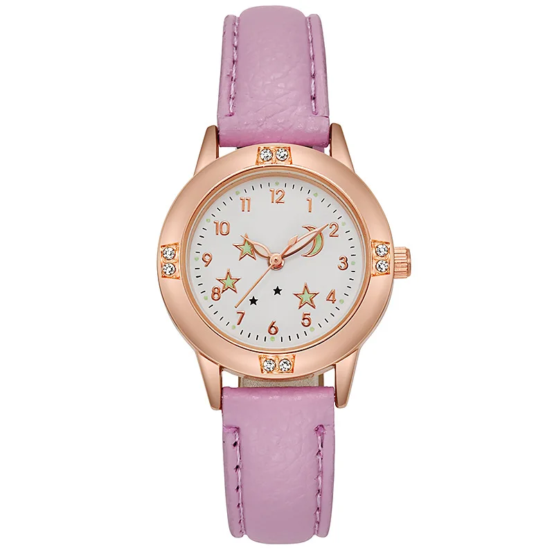 Reloj luminoso de cuarzo para mujer y niña, pulsera de cuero, informal, bonito, luna y estrella, nuevo