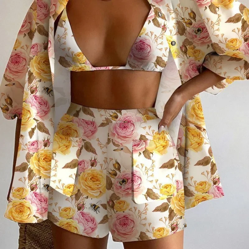 2024 Summer Spring New Women\'s Clothing Fashion Casual Printing Long Sleeve Shorts Three-Piece Suit Clothes Set