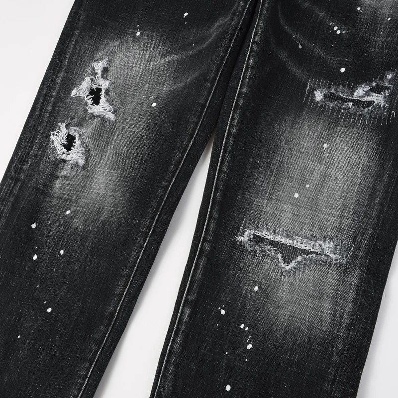 Men's Black Gradient Washed Ripped Skinny Jeans, Paint Splatter Distressed Stretch Slim Fit Denim Pants Streetwear Trousers