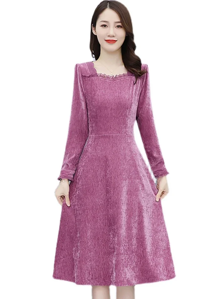 Autumn Winter Corduroy Vintage Midi Vestidos Women Long Sleeve Chic Lace Sqaure Collar Dress 2024 Elegant Festival Party Dress