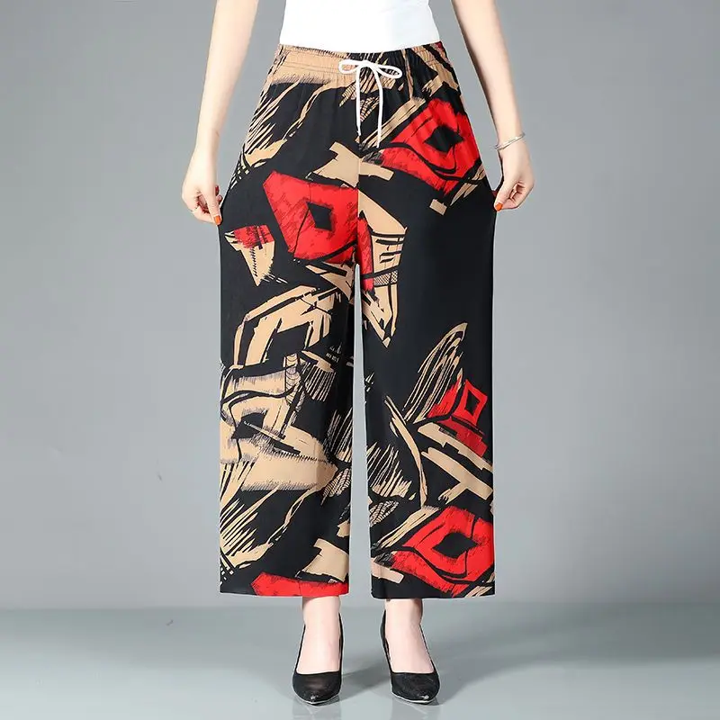 Folk Printed Vintage Casual Pants Female Clothing High Waist Elastic Fashion Drawstring 2024 Summer Thin Wide Leg Cropped Pants