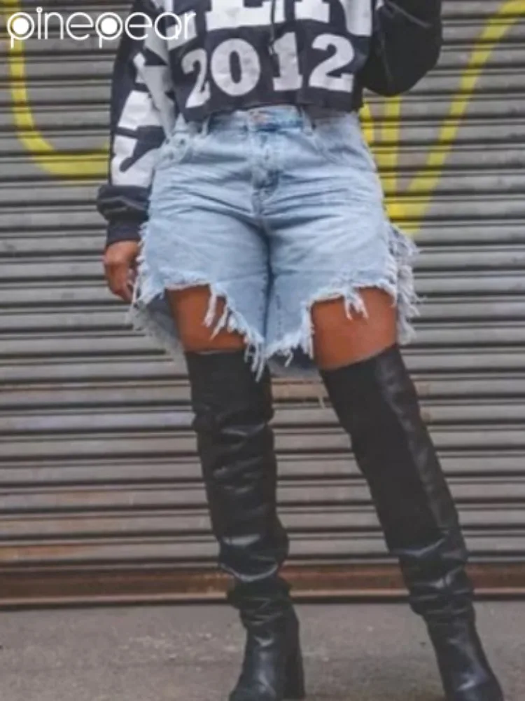 PinePear ジーンズショートパンツレディースハイウエストリップドデニムショートパンツ女性ダメージ加工ジーンズショートパンツ夏 2025