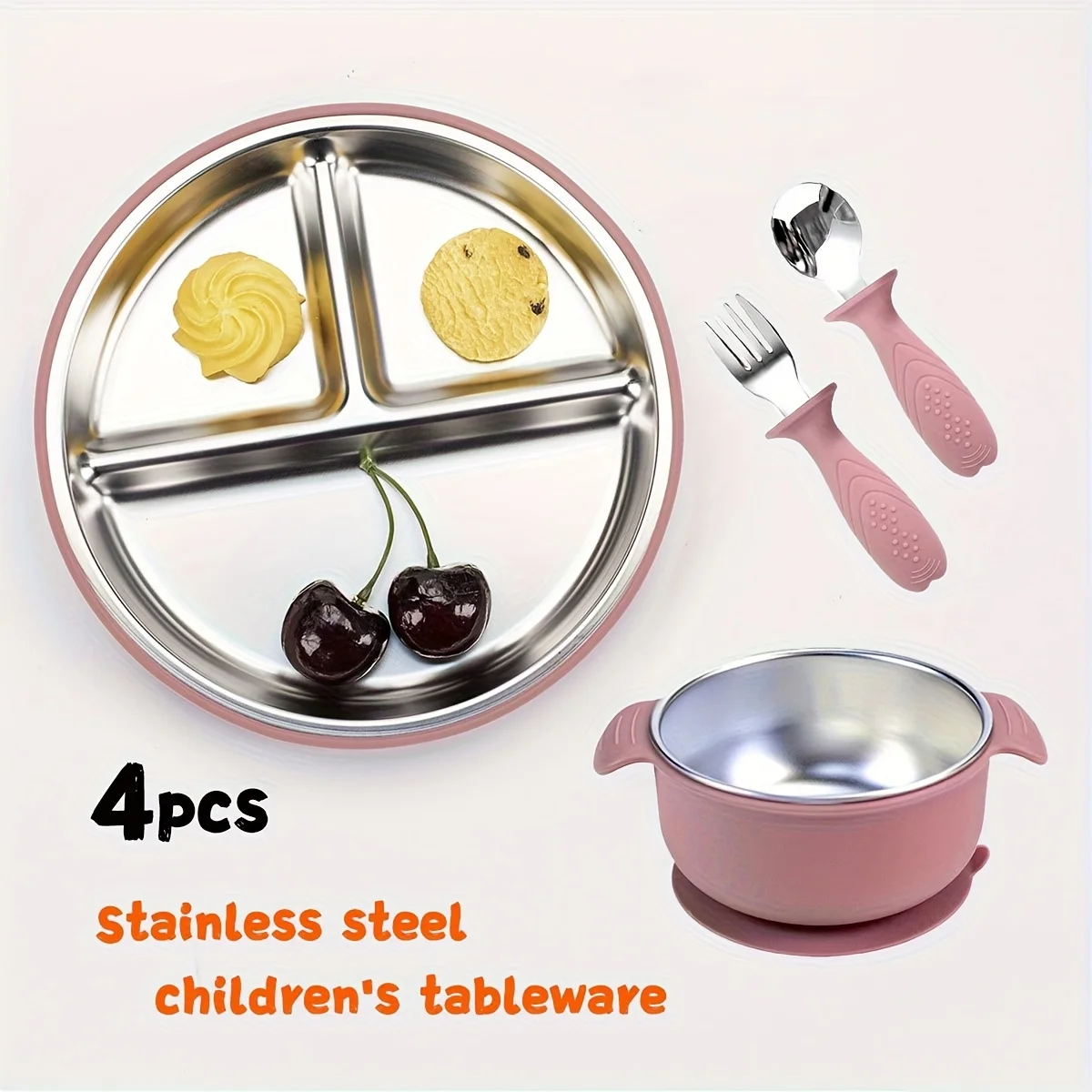 

Mother and baby feeding three-piece set, stainless steel silicone plate + bowl + fork and spoon, baby food supplement