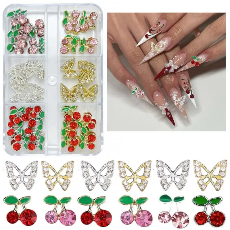 1Box/60PCS Exquisite Simulated Cherry Nail Charms Alloy Gold Silver Butterfly Mini Rhinestone Inlaid Nail Art Decorations DIY