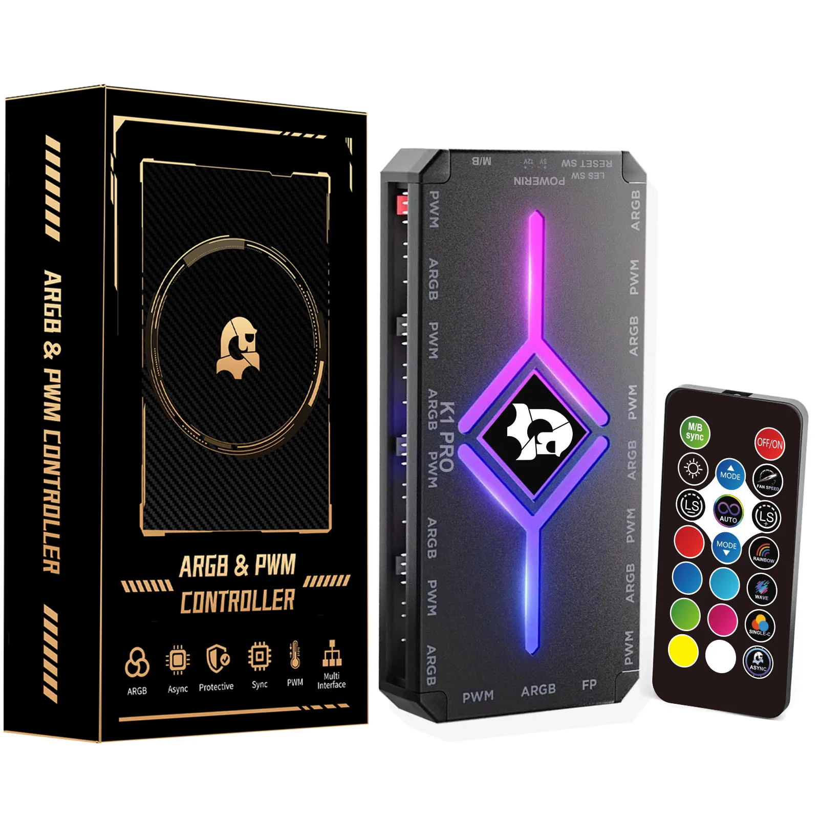 9-Port ARGB PWM Fan Hub Controller, PC Case Fan Splitter with SATA Power, Built-in Asynchronous Lighting Effects