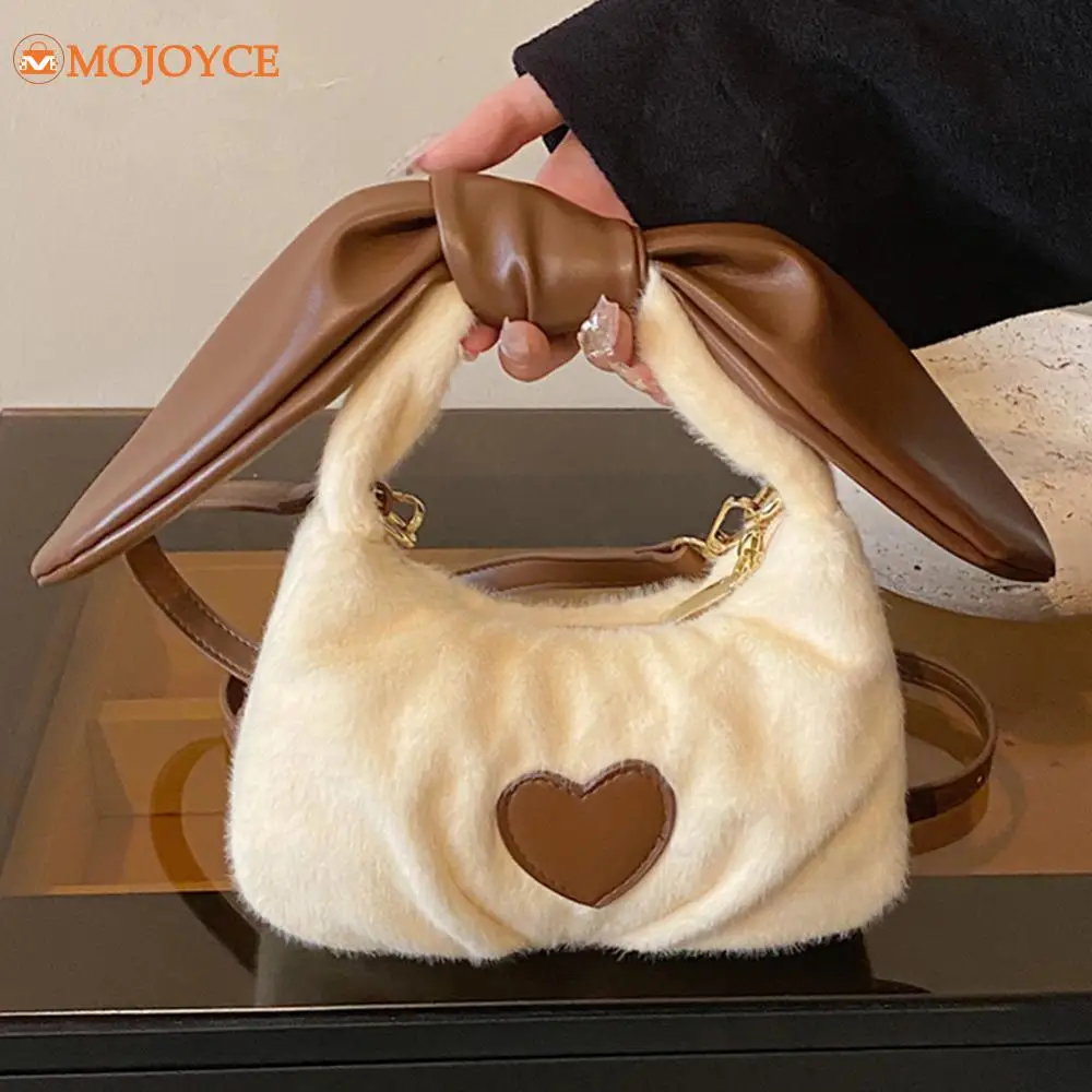 Heart Pattern Furry Women's Top-Handle Bag Autumn/Winter Soft Plush Handbag Cute Fluffy Small Tote Crossbody Bag with Bow Handle