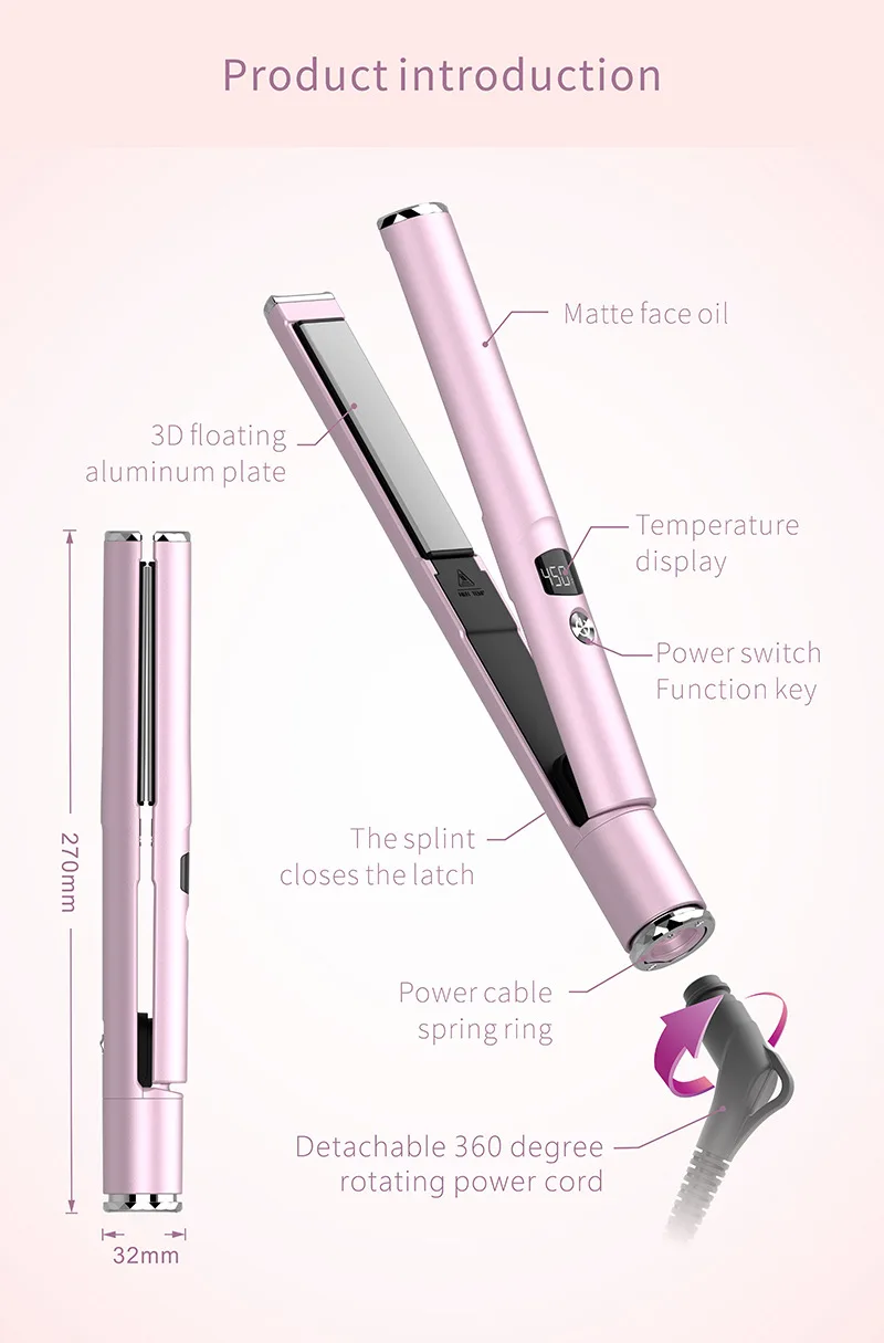 Dual-function straightener and curler, detachable cord, straightens hair and creates large curls, portable, hair care