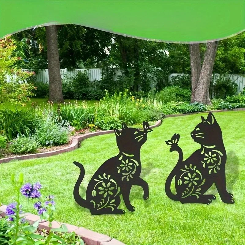 2Pcs Metal Cat Dog Garden Stake Floral Hollow Silhouette Yard Art Lawn Outdoor Decor