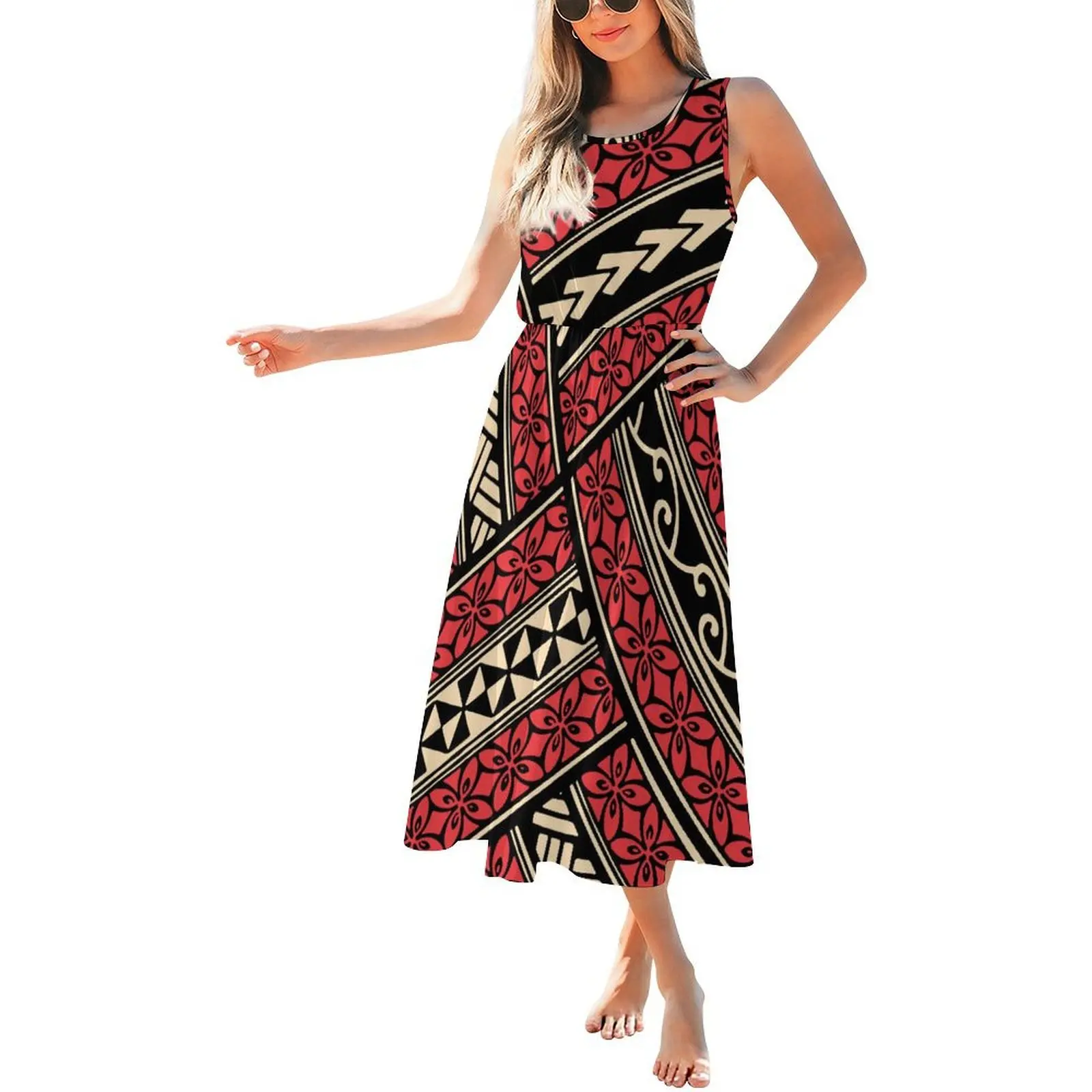 حار بيع شعار مخصص سيدة الصيف حزب اللباس هاواي طباعة تصميم المرأة س الرقبة أكمام فستان طويل فساتين الجزيرة عارضة #1