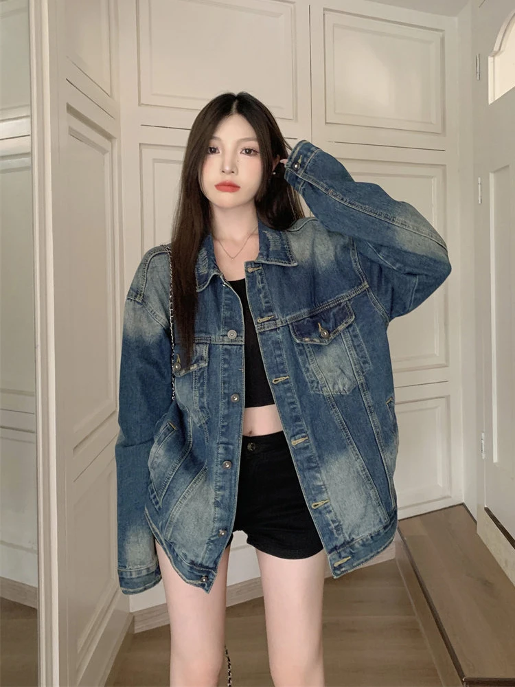 

American Retro Women Denim Jackets Streetwear Fashion Lapel Long Sleeve Casual Coat 2026 Spring New Loose Versatile Outerwear
