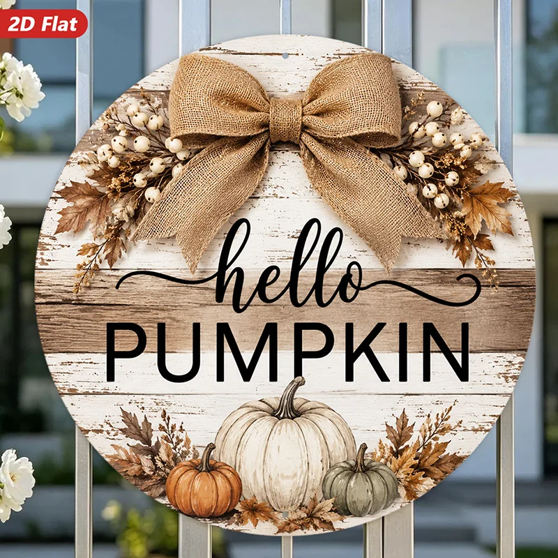 2D Flat, 1pc Hello Pumpkin Round Metal Sign Wall Art, Ideal for Studio Kitchen, Burlap Bow, White Pumpkin Trio, Autumn Leaves, F