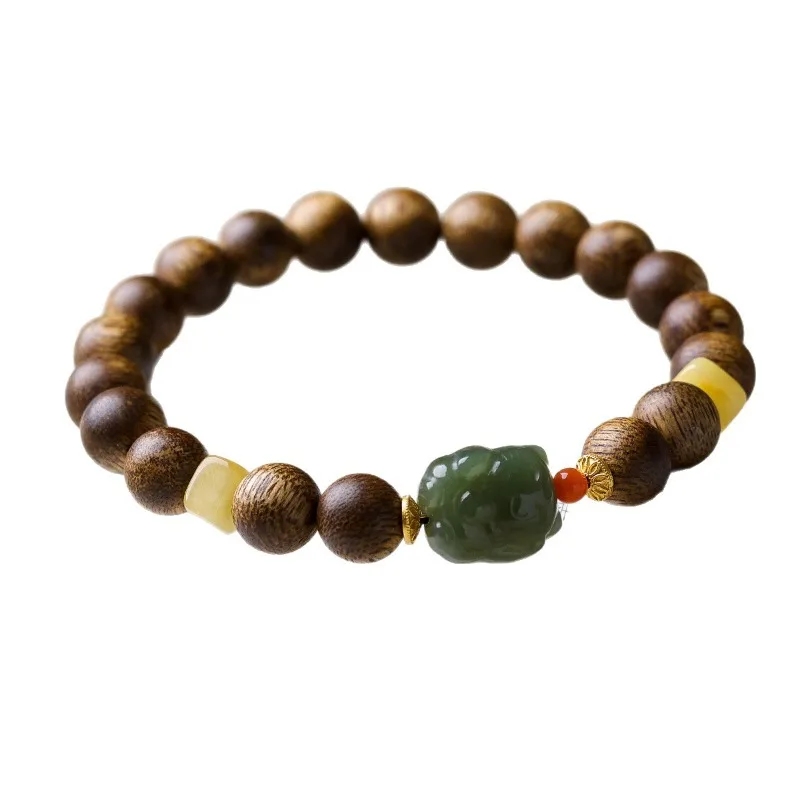 Natural Green Agarwood Hetian Jade Beeswax Chinese Style Bracelet for Women Luck Fortune Gifts