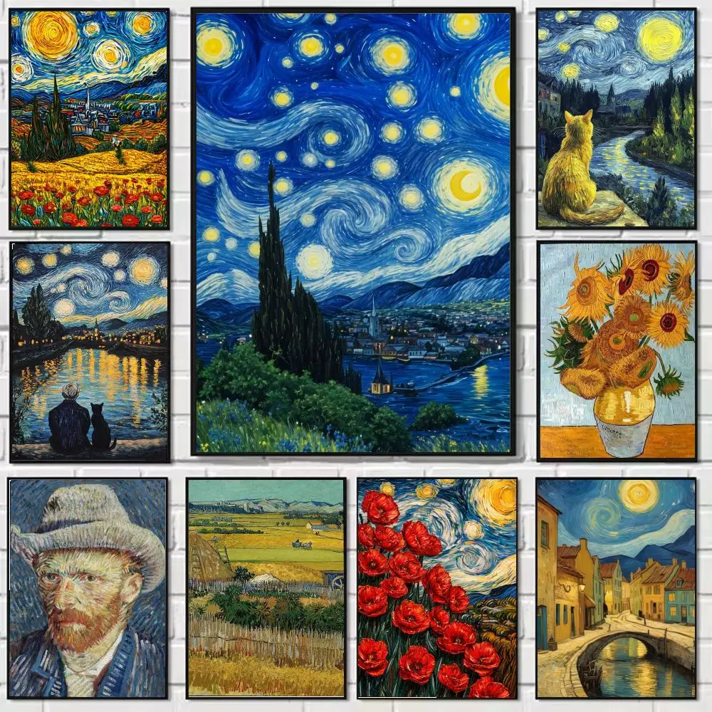 1pc Van Gogh Canvas Wall Art - 'Starry Night' & 'Sunflower' Landscape Classic Poster Art Print for Living Room Home Decor