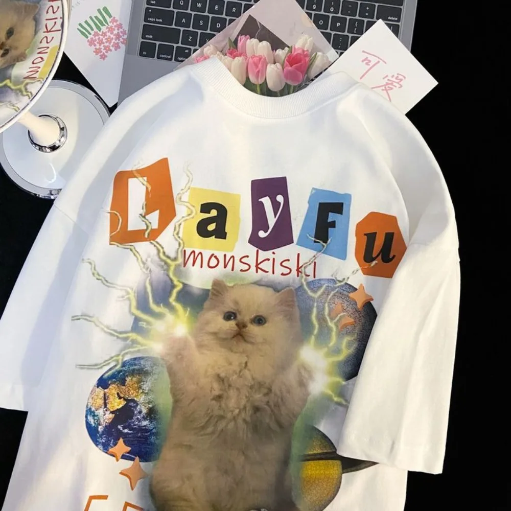 Vintage Cat Print Cute Cartoon T Shirt Women Streetwear Oversized Casual Shirts for Women Y2k Top Clothes футболка смешная