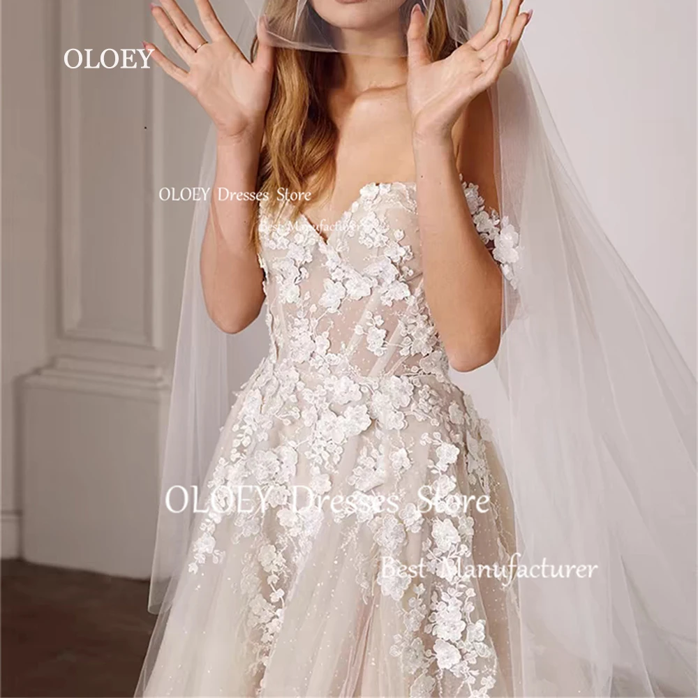 

OLOEY Exquisite Ivory Appliques Lace Glittery Wedding Dresses Off The Shoulder Floor Length Vintage Bridal Gown Robe De Marriage