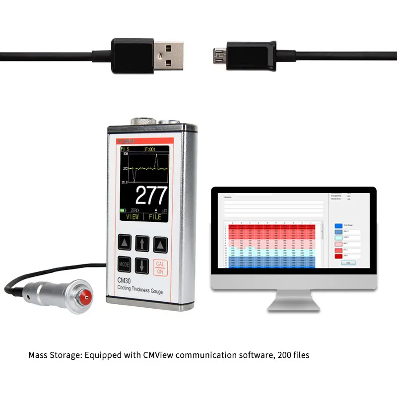 NDT Thickness Measurement Magnetic Method Waterproof Color Screen YUSHI CM30F 0-3000um Zinc Coating Thickness Gauge with USB