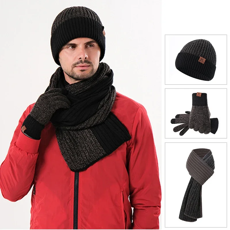 

3pcs Winter Hat Scarf Glove Sets for Men Knitted Winter Cap for Man Scarf Glvoes Bicolor Fashion Winter Hats Sets Gift Dad