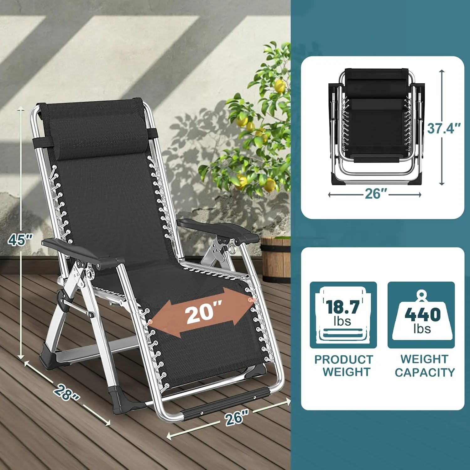 Lounge Chair Zero Gravity Chair Folding Adjustable Reclining Patio Chairs with Cup Holder, Ergonomic Patio Recliner Chairs