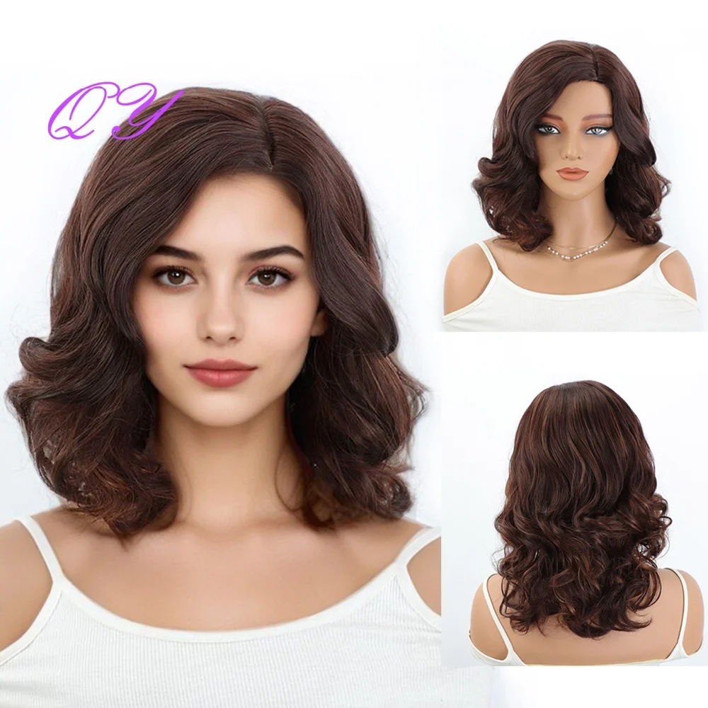 Short Wave Curly Elegant Brown Women's Wig Synthetic for Women's Use, Designed with Simulated Scalp Hairline Daily Wig