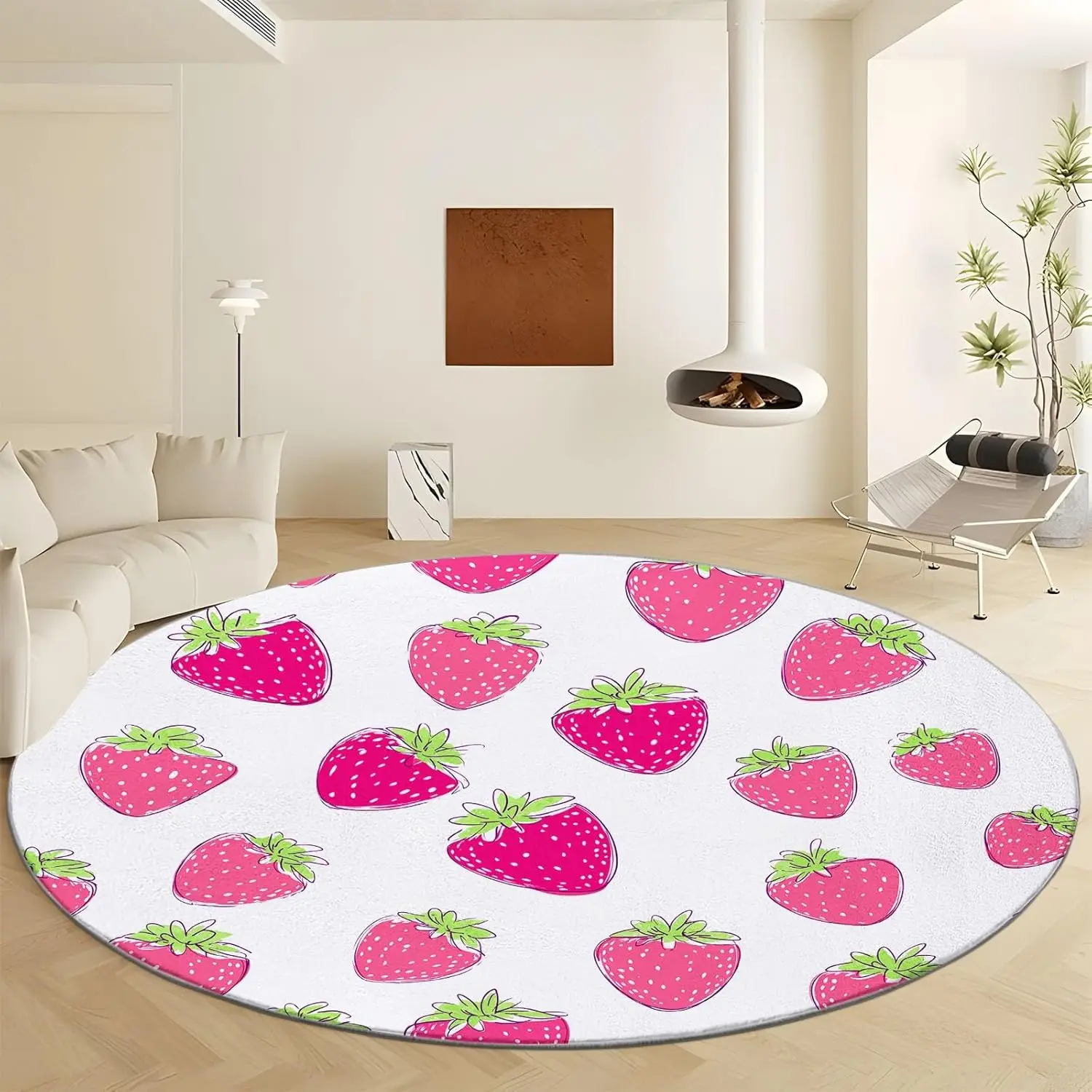 Fruit Cute Strawberry Washable Circular Carpet, Non Slip Circle Area Rug Carpet Absorbent Mat for Kitchen Living Room Bedroom