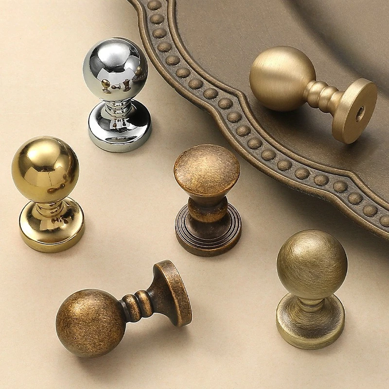 French Vintage Brass Drawer Knobs - Round Ball Single Hole Pulls for Cabinet, Shoe Cupboard & Wardrobe Doors Furniture Hardware