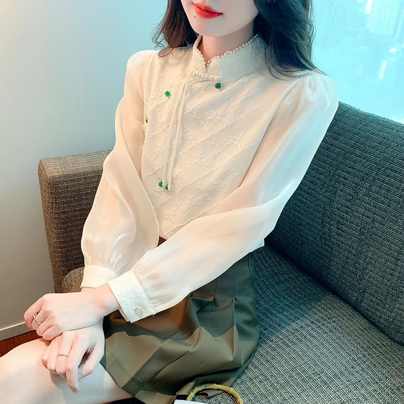 

Autumn Women Long Sleeve Standing Neck Vintage Lantern Sleeve Solid Chinese Style Chiffon Shirt Blusas De Mujer Tops Blouse A505