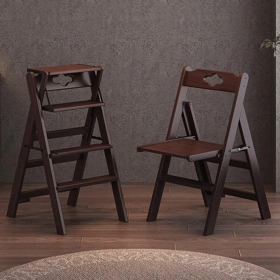 2-in-1 Foldable Ladder Chair, Convertible Wooden Step Stool, Multi-Purpose Library Ladder Shelf for Kitchen Bedroom, Space Savi