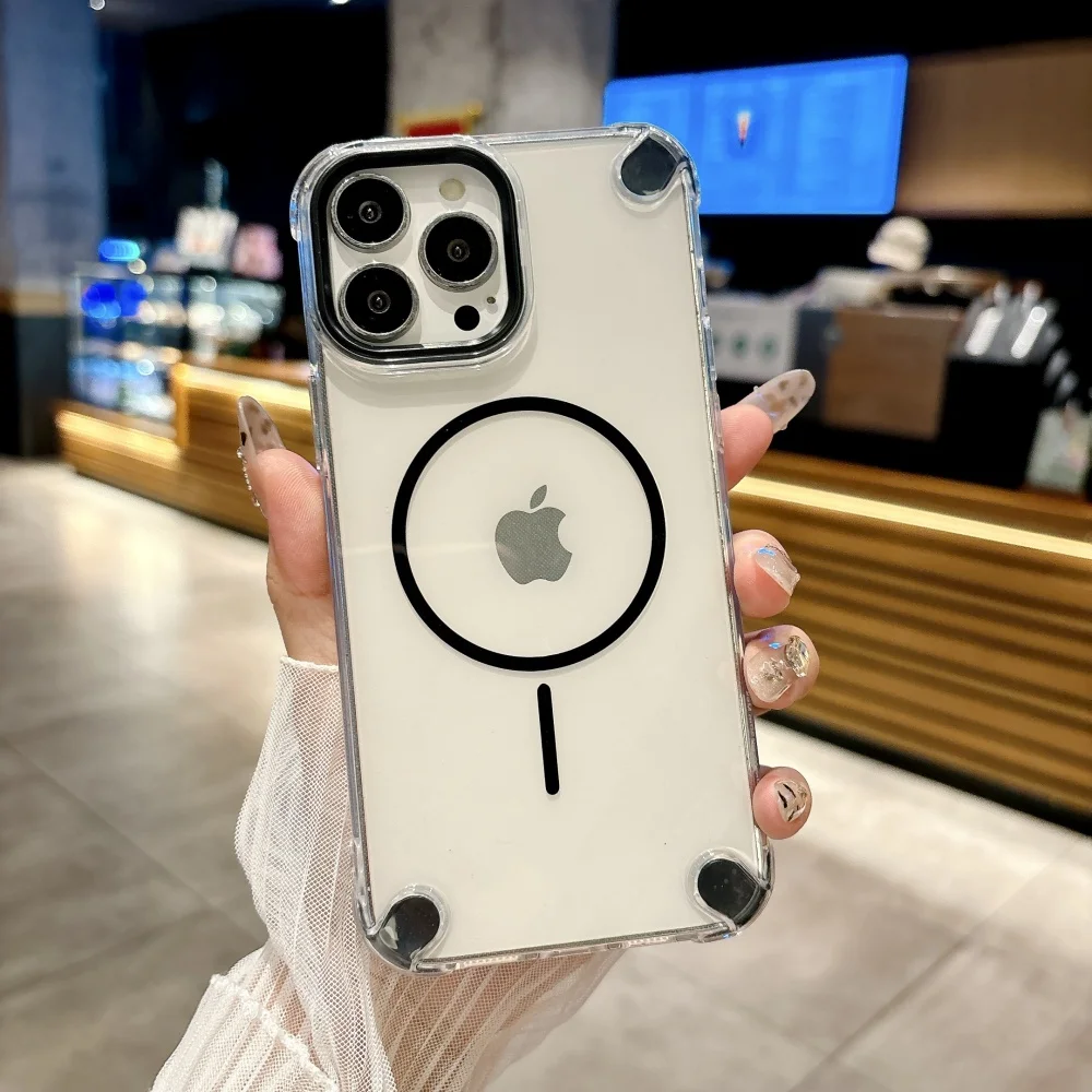 

Противоударный угловой прозрачный чехол Magsafe для iPhone 16 Plus 15 14 13 12 11, мягкий магнитный чехол из ТПУ Funda 16 Pro Max