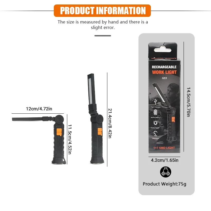 Portable COB LED Flashlight Rechargeable Work Light with Magnetic Lanterna Hanging Lamp with Built-in Battery Camping Torch